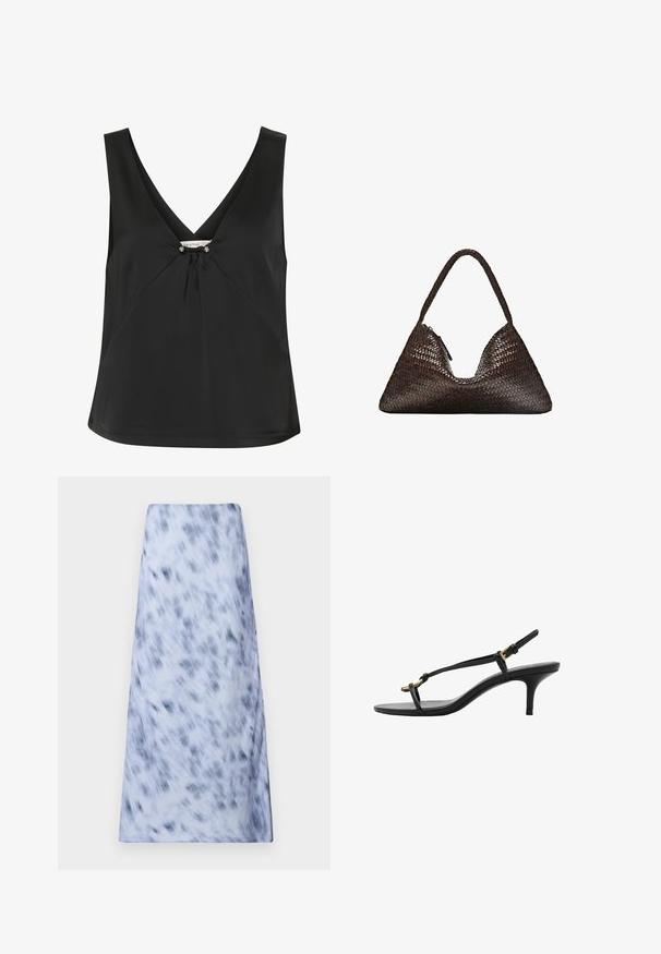 Schwarzes, ärmelloses Oberteil mit V-Ausschnitt, ausgestattet mit einem dekorativen Knoten und silberfarbenen Akzenten in der Mitte, aus glattem, elegantem Stoff gefertigt.; Ein langer, hellblauer Rock mit einem verschwommenen, dunkelblauen Muster. Der Stoff wirkt weich mit einer glatten Textur und einem schlichten Design.; Schwarze Leder-Kitten-Heel-Sandale mit dünnen Riemen, goldener Schnalle und minimalistischer Zehen-Schlaufe vor einem weißen Hintergrund.; Dunkelbraune, dreieckige, gewebte Lederhandtasche mit einem einzelnen geflochtenen Griff und sichtbarem Reißverschluss an einer Seite.