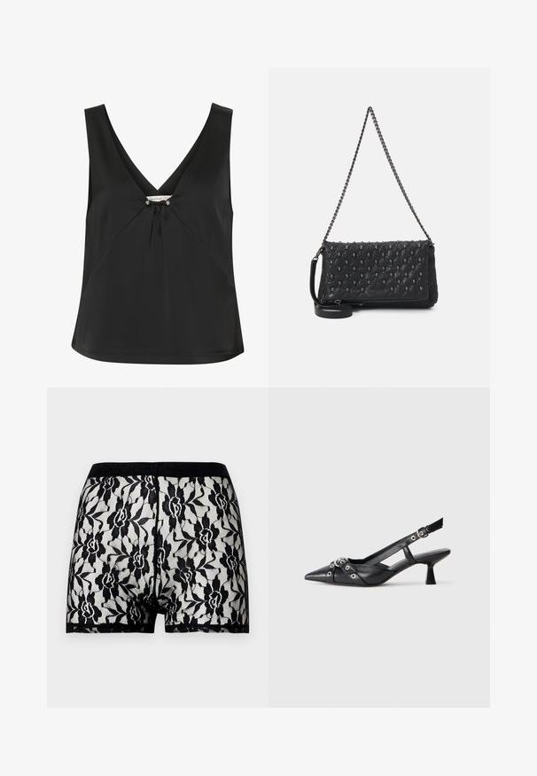 Čierny top bez rukávov s výstrihom do V, so zdobným uzlom a striebornými akcentmi v strede, vyrobený z hladkej, elegantnej tkaniny.; Čierne čipkované šortky s kvetinovým vzorom a kontrastným pevným čiernym pásom. Priesvitný dizajn s jemnou textúrou, dĺžka do polovice stehna.; Čierne kožené slingback topánky s špicatou špičkou, ozdobnými popruhmi s kovovými očkami a nízkym blokovým podpätkom. Textúrovaný povrch.; Čierna prešívaná kožená taška s reťazovým popruhom, zdobená akcentmi lebky a so zipsovým uzatváraním. Textúrovaný povrch s lesklým povrchom.