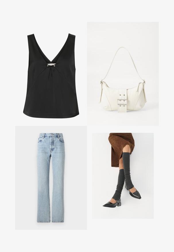 Must mustriga must, millel on V-kaelus, dekoratiivne sõlm ja hõbedased aktsendid keskosas, valmistatud sujuvast ja elegantsetest kangast.; Heledsinine teksapüksid kõrge vöökohaga, sirgete jalgadega, klassikalise viie tasku kujundusega ja õrnade pleekimistega üle kogu pükste.; Mustad patsaline odav värviga kingad, millel on kreen ja pahkluuring, on paaritatud hallide ribakudumitega sääremiidega ja pruunist nahast seelikuga.; Valge õlakott tekstuuriga viimistlusega, keskel kinnitatud pandlaga ja kõverate kujunditega. Tõmblukuga kinnitused mõlemal küljel.