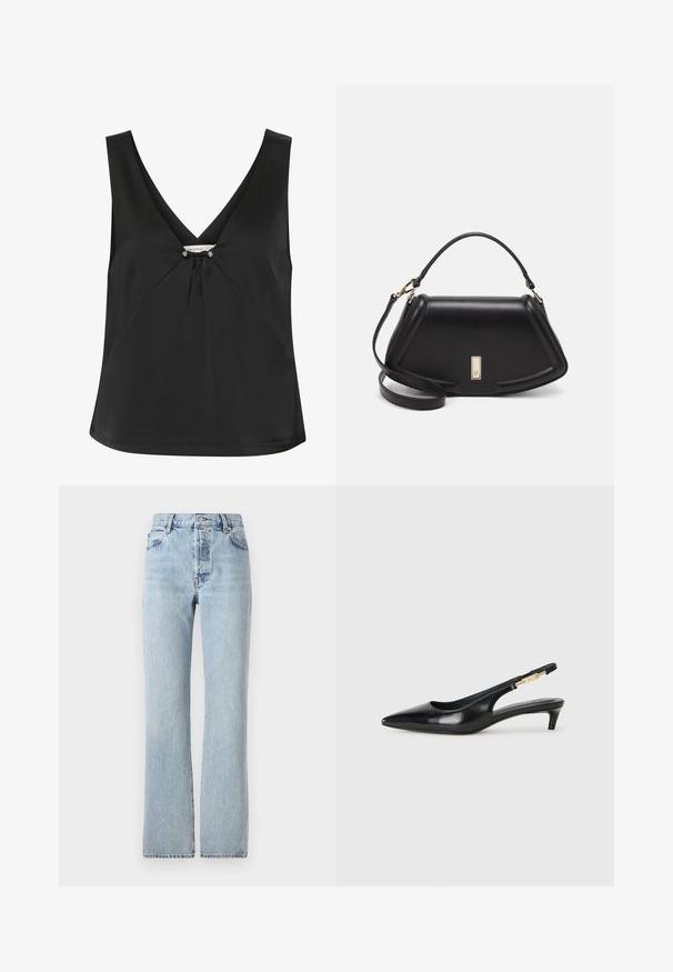 Top senza maniche nero con scollatura a V, caratterizzato da un nodo decorativo e accenti argentati al centro, realizzato in un tessuto liscio ed elegante.; Jeans in denim azzurro chiaro con vita alta, gamba dritta, design classico a cinque tasche e una leggera scoloritura uniforme.; Tacchi slingback in pelle nera con punta affusolata, caratterizzati da un tacco alto e un accento dorato sulla cinghia regolabile. Texture liscia.; Borsa a mano in pelle nera con un design strutturato, caratterizzata da una forma corta, manico superiore e accessori in metallo dorato. Inclusa tracolla regolabile.