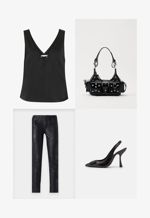 Svart ärmlös topp med V-ringning, som har en dekorativ knut och silverfärgade detaljer i mitten, tillverkad av ett slätt, elegant tyg.; Svarta byxor i konstläder med ett ormskinnsmönster, slim-fit design och standard femficksstil med knappstängning.; Svart lädersandal med spetsig tå, smal hög klack och en dekorativ rosettdetalj. Slät yta och elegant design.; Svart läderhandväska med en kurvad design, prydd med silverfärgade nitar, ett spänne och två sidofickor. Justerbar rem för olika bäralternativ.