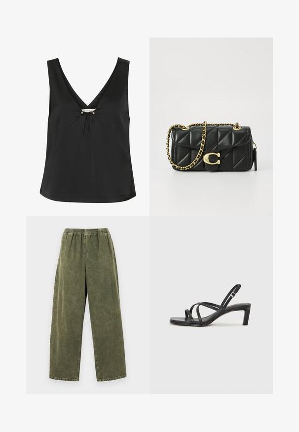 Top sem mangas preto com decote em V, apresentando um nó decorativo e detalhes em tom prateado ao centro, feito de um tecido liso e elegante.; American Vintage UZATOWN - Calças de ganga de corte relaxado - olive; Sandal de tiras pretas com biqueira quadrada e um pequeno salto bloco. Apresenta várias tiras finas e uma tira no tornozelo ajustável. Feito de couro liso.; Bolsa de mão em couro acolchoado preto com uma alça de corrente dourada e um fecho de pressionar com um canto circular. Formato retangular compacto.