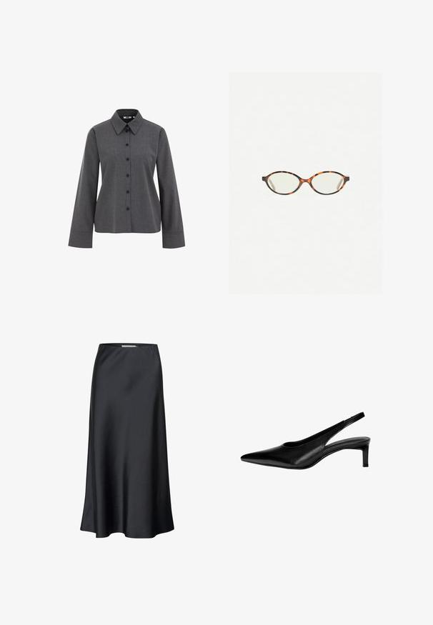 WE Fashion Button-down blouse - grey; Black midi skirt made of smooth fabric, with a flowing silhouette and a subtle sheen. Features a simple, solid color design.; Black leather slingback shoe with a pointed toe, low heel, and cut-out design on the sides. Smooth texture with a sleek appearance.; Tortoiseshell eyeglasses with oval lenses and a sleek, smooth finish. Features thin sides with a subtle curve at the temples. Clear lenses.