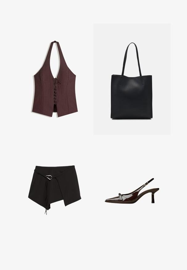 Burgundská halter top s vertikálnymi prúžkami, s hlbokým výstrihom do V a šnurovaním vpredu. Hladká, priliehavá látka.; Čierna zaviazaná sukňa vyrobená z jemného materiálu, s diagonálnym strihom, nastaviteľným viazaním so strieborným akcentom a asymetrickým lemom.; Hnedá laková slingback obuv s špicatou špičkou, nízkym opätkom a dekoratívnou mašľou vpredu. Hladká, lesklá štruktúra.; Čierna kožená taška na rameno s hladkým povrchom, obdĺžnikovým tvarom a dvoma dlhými uchami. Bez viditeľného kovania alebo ozdôb.