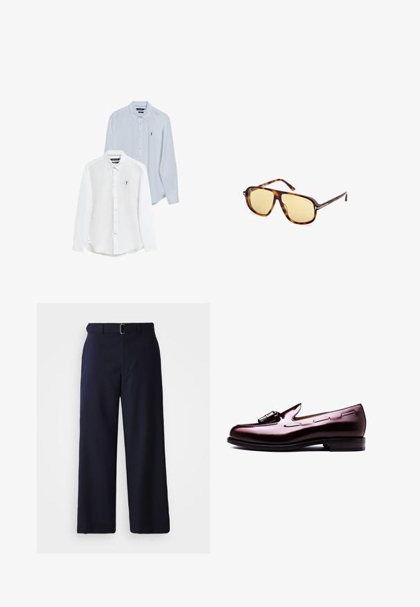 Twee overhemden met knopen: één wit en één lichtblauw. Beide hebben lange mouwen, een kraag en een klein logo op de borst.; Navy blauwe wijde broek gemaakt van textiel, met een riem met een zilveren gesp en een rechte snit, benadrukt door strakke lijnen.; Bruine lederen loafers met een glanzende afwerking, voorzien van een opvallende decoratieve gesp en stiksels langs de zijkanten, en een ronde neus.; Zonnebril met een schildpadprint acetaat frame, gele getinte lenzen, vierkante vorm en metalen accenten op de pootjes.