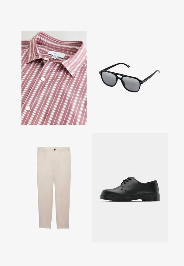 Gestreiftes Hemd in Kastanienbraun und Weiß mit Kragen, aus Baumwollmaterial, mit Knopfverschluss, Brusttasche und einem Markenetikett am Kragen.; Mango Chino - off-white; Schwarze Leder-Oxford-Schuhe mit Schnürdesign, runder Zehenform, flacher Gummisohle und subtilen Nähten entlang des oberen Teils.; Schwarze Sonnenbrille mit rechteckigen Rahmen, grauen getönten Gläsern und einer Aussparung im Nasensteg. Schlanker, glänzender Kunststoff, mit schmalen Bügeln.