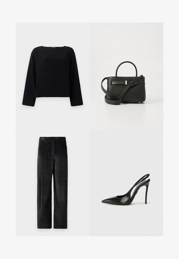 Haut noir à manches longues avec un col rond, fabriqué en tissu lisse. Le design est court avec une coupe droite à l'ourlet. Style minimaliste.; Pantalons larges noirs texturés avec un tissage prononcé, dotés de plis à l'avant et d'une taille plate. Design classique pour la polyvalence.; Pompe noire à bride arrières avec un orteil pointu, motif serpent texturé, talon aiguille et une boucle décorative sur la bride.; Sac à main en cuir noir avec une finition texturée, des poignées supérieures et une longue bandoulière réglable. Présente un accent en métal doré à l'avant.