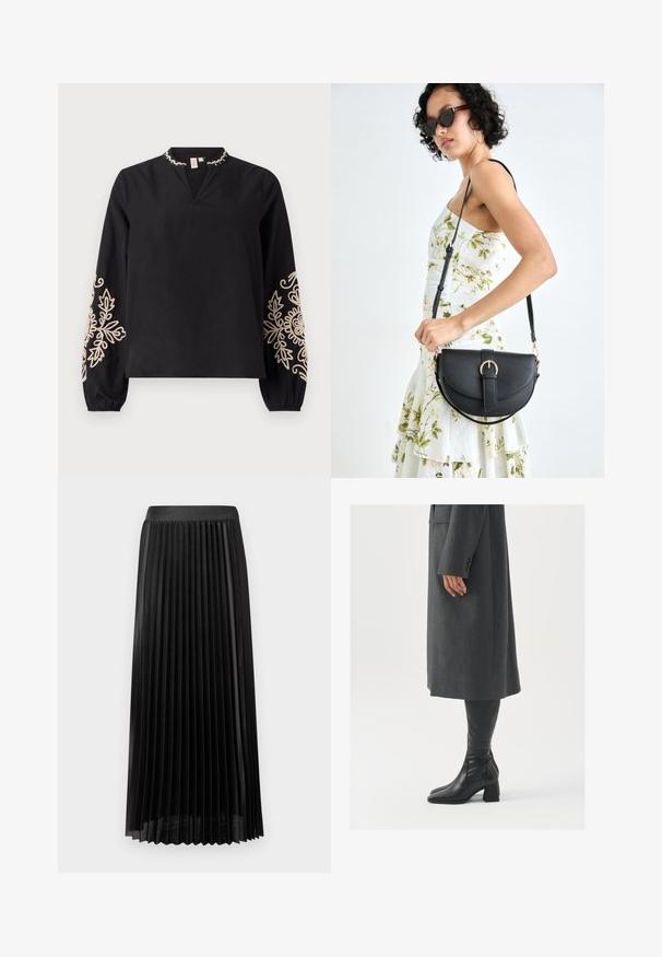 Blusa negra con escote en V y manga larga. Presenta bordados decorativos en beige en las mangas y un detalle de cuello con volantes. Tela suave.; Falda negra plisada con una cinturilla lisa, hecha de una tela ligera. Presenta pliegues verticales nítidos y un diseño de longitud a media pantorrilla.; Abrigo gris, entallado y de corte recto; combinado con botas de cuero negras hasta la rodilla que tienen punta cuadrada y tacón grueso.; Bolso de piel negra con forma curva, correa desmontable y herrajes dorados. El bolso cuenta con una solapa con un detalle de hebilla.