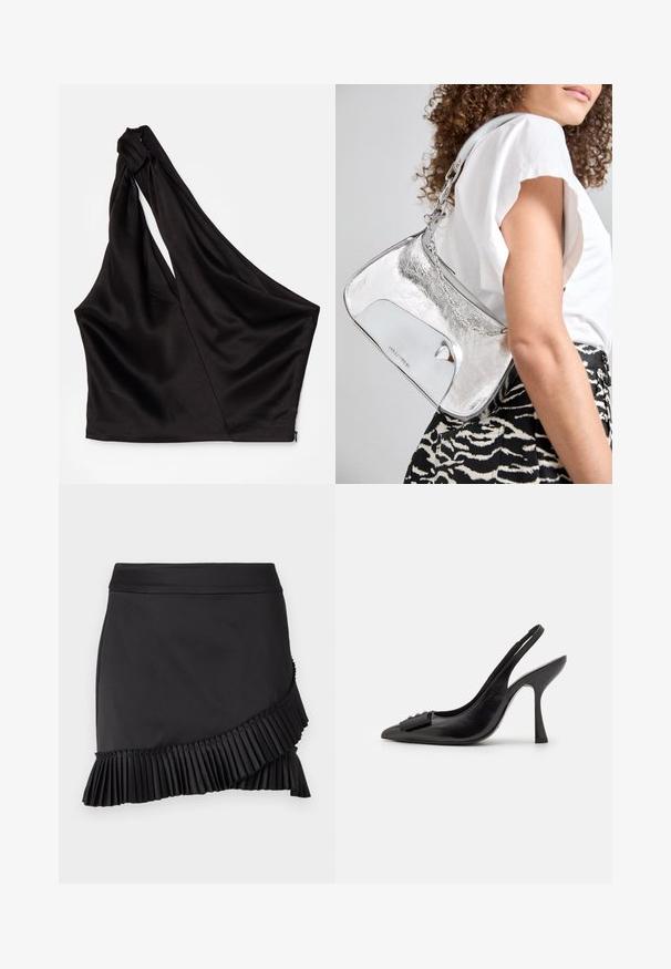 Asymetrický čierny saténový top s jedným ramienkom, ktorý má drapériu a bočné zapínanie na zips. Mäkka textúra.; Čierna sukňa s plisovaným lemom, ktorá sa vyznačuje elegantným dizajnom, hladkou textúrou a asymetrickým strihom pozdĺž dolného okraju.; Čierne kožené šľapky so špicatou špičkou, úzkym vysokým opätkom a dekoratívnou mašľou. Hladká textura a elegantný dizajn.; Strieborná metalická kabelka na rameno s hladkou textúrou, zakriveným dizajnom, retiazkou na nosenie a lesklým predným panelom s jemnou gravírovanou logom.; Strieborné náušnice s plynulým, špirálovým dizajnom. Hladký povrch s lešteným finišom. Majú jemný lesk a žiadne viditeľné ozdoby.