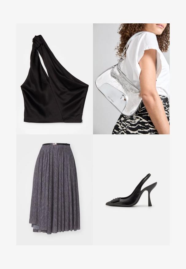 Asimetrisks melns satīna topiņš ar vienu plecu siksnu, ar piegriezumu drapējuma stilā un rāvējslēdzēju sānos. Mīksta tekstūra.; Pelēka plīvēta svārku kleita ar melnu jostu un metālisku aizdari, izgatavota no teksturēta auduma, kas krīt zem ceļgaliem ar plūstošu siluetu.; Melnas ādas sārta kurpes ar smailu purngalu, šauru augstu papēdi un dekoratīvu loku akcentu. Gluda tekstūra un elegants dizains.; Sudrabaini metāla plecu soma ar gludu tekstūru, izliekta dizaina, ķēdes siksnu un pulētu priekšējo paneli ar smalku logotipa gravējumu.; Sudeļi ar plūstošu spirālveida dizainu. Gluda tekstūra ar pulētu apdari. Iezīmējas ar maigu spīdumu un nav redzamu rotājumu.