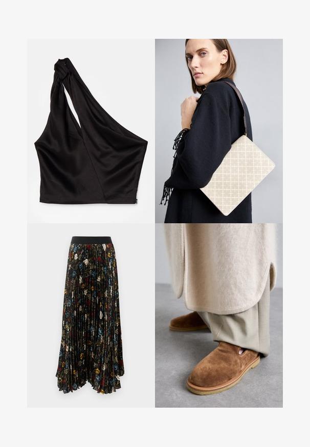 Asimetrisks melns satīna topiņš ar vienu plecu siksnu, ar piegriezumu drapējuma stilā un rāvējslēdzēju sānos. Mīksta tekstūra.; Melna maksi svārku ar krokām, kas izgatavota no auduma ar ziedu rakstu sarkanā, zilā un baltā krāsā, ar vienkrāsainu melnu elastīgu vidukli.; Brūni zamša slaidi apavi ar noapaļotu purngalu, gumijas zoli un sānu izgriezumiem, apvienoti ar gaiši beigtām piegriezuma biksēm.; Bežs rakstains plecu soma ar strukturētu formu, kurai ir brūns fakturēts siksniņš. Valkāta uz modeļa pelēkā fona.