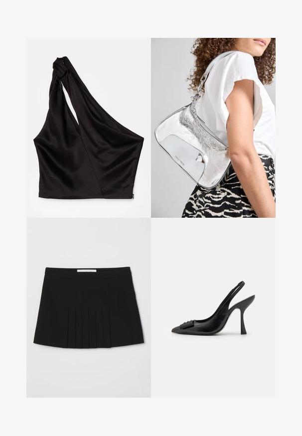 Top asimmetrico in satin nero con una spallina, caratterizzato da un design drappeggiato e chiusura con zip sul lato. Tessuto morbido.; Gonna nera plissettata con vita liscia. Realizzata in un tessuto leggero, presenta pieghe verticali che aggiungono texture e dettagli.; Scarpa a slingback nera in pelle con punta affilata, tacco alto e sottile, e un accentuato adorabile fiocco decorativo. Texture liscia e design elegante.; Borsa a spalla metallica argento con una texture liscia, design curvo, tracolla a catena e un pannello frontale lucido con una sottile incisione del logo.; Orecchini d'argento con un design a spirale fluente. Texture liscia con una finitura lucida. Presentano una leggera lucentezza e nessun abbellimento visibile.
