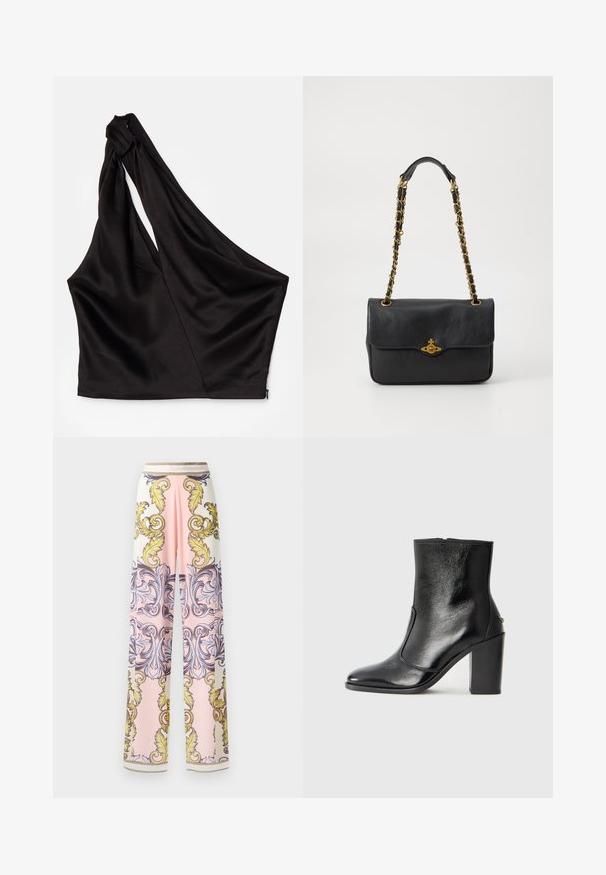 Asymetrický černý saténový top s jedním ramenním popruhem, s drapovaným designem a zipovým zapínáním na boku. Měkká textura.; Široké kalhoty vyrobené z lehkého materiálu, s růžovo-bílou barevnou kombinací, zdobené složitými žlutými a modrými barokními vzory a zlatými akcenty.; Černé kožené kotníkové boty s hladkou texturou, špičatou špičkou a robustním vysokým podpatkem. Mají boční otvor a minimalistický design.; Černá kožená kabelka s překlopným klopným víkem, zlatým řetízkovým popruhem a logem na přední straně. Hladký povrch.