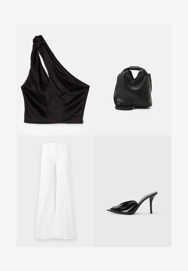 Asymmetrical black satin top with a single shoulder strap, featuring a draped design and zipper closure at the side. Soft texture.; White high-waist flared pants with heart-shaped front pockets, button closure, and belt loops, displayed on a plain background.; Black leather high-heeled mules with an open toe, pointed design, smooth texture, and a slim stiletto heel.; Black, soft leather bag with a unique twisted design. Features a short handle and a detachable shoulder strap. Minimalist style.