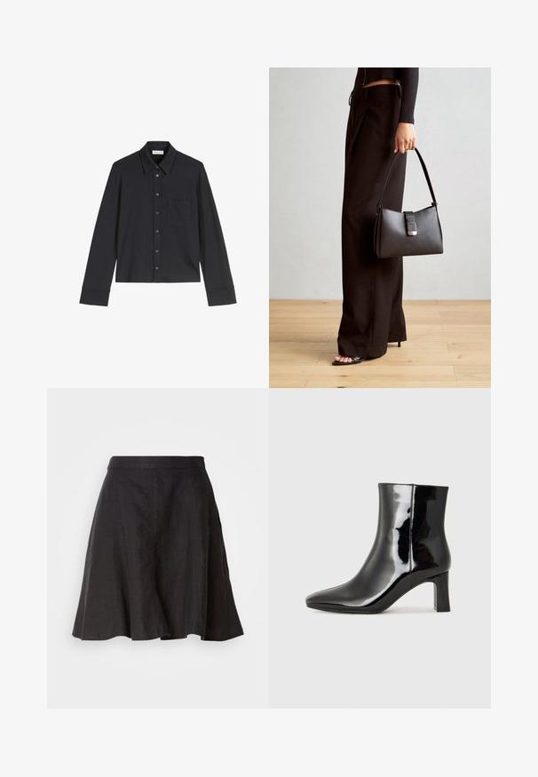 Camisa negra de manga larga hecha de material suave, con cuello puntiagudo, cierre de botones en la parte delantera, un bolsillo en el pecho y mangas con puños.; Falda de lino negra con un diseño acampanado, que presenta una cinturilla y costuras. La tela tiene un acabado ligeramente texturizado y llega hasta la rodilla.; Botín de charol negro con punta afilada y un tacón de bloque de altura media. Textura suave y diseño minimalista.; Bolso negro con forma estructurada, textura suave y un cierre metálico. Combinado con pantalones anchos negros y sandalias de dedo en un suelo de madera.