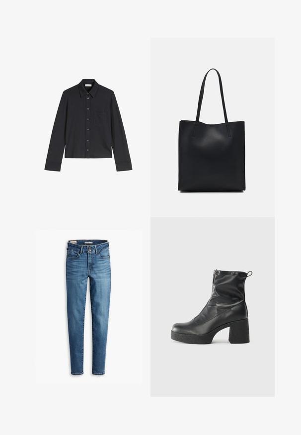 Melnas garām piedurknēm krekliņš, izgatavots no mīksta materiāla, ar pointētiem apkaklēm, ar pogu aizdari priekšpusē, vienu krūšu kabatu un aproču piedurknēm.; Augsti vidukļa skinny džinsi gaiši zilā denīmā. Iespējas: piecas kabatas, priekšējā pogu aizdare un klasiskās šuvju detaļas visā apģērbā.; Melni potītes zābaki, kas izgatavoti no gludas ādas, ar sānu rāvējslēdzēju, masīvu strukturētu papēdi un noapaļotu purngalu.; Melnas ādas somiņa ar gludu tekstūru, taisnstūra formu un divām garām rokturiem. Nav redzamu aparatūras vai rotājumu.