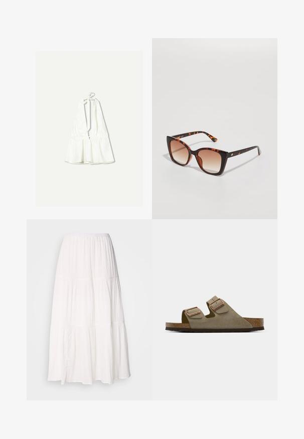 Fehér nyakpántos felső mély V-nyakkal és állítható megkötős pántokkal. A derékrésznél ráncolt textúrával rendelkezik, könnyű anyagból készült.; Fehér, réteges midi szoknya smockolt derékkal, puha, könnyű anyagból készült, enyhén gyűrött textúrával.; Világos taupe velúr szandál két állítható pánttal és rózsaarany díszítéssel. Parafa talp egy texturált barna talpon. Nyitott orrú kialakítás.; Teknős páncél mintás napszemüveg, oversize négyzet alakú lencsékkel, átmenetes barna árnyalattal, és sima, fényes karokkal, finom fémes részletekkel.