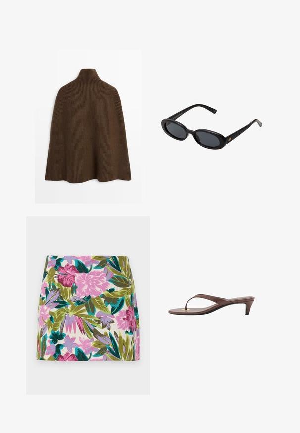 Brun ribbet strikcape med høj krave og en strømlinet silhuet, designet uden lukninger, der viser en struktureret overflade.; Mini-sundskørt med blomsterprint i klare pink og lavendelblomster, samt grønne og blå blade, lavet af et letvægtsstof.; Brune hælflip-flop sandal med en slank rem og rund tåpost, der har et lille guldaccent på fodsengen.; Store store; Blød brun hobo-stil håndtaske med en enkelt bred strop og en buet åbning på toppen, vist på en hvid baggrund.
