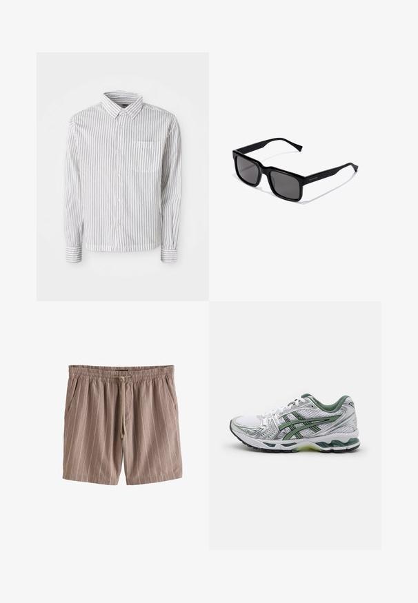 Bela srajca z dolgimi rokavi in črnimi vertikalnimi črtami, z gumbi spredaj in žepom na levem prsnem delu, položena na belo ozadje.; Rjavi prugasti šortsi iz lahkega materiala, z elastičnim pasom, zapiranjem na vrvico in stranskimi žepi.; Bele teniške za tek v beli barvi z srebrnimi detajli, zelenim mrežastim ovratnikom in zelenimi črtami. Imajo teksturirano mrežasto zgornji del in oblazinjeno podplat.; Črne pravokotne sončne očala s temnimi lečami; lesketajoč plastičen okvir s ravnimi nosilci in subtilnim logotipom na strani.; Srebrna ura iz nerjavečega jekla z okroglo belo številčnico, črnim taksimetrskim obročem, zelenimi poudarki in paščkom iz kovinskih povezav.