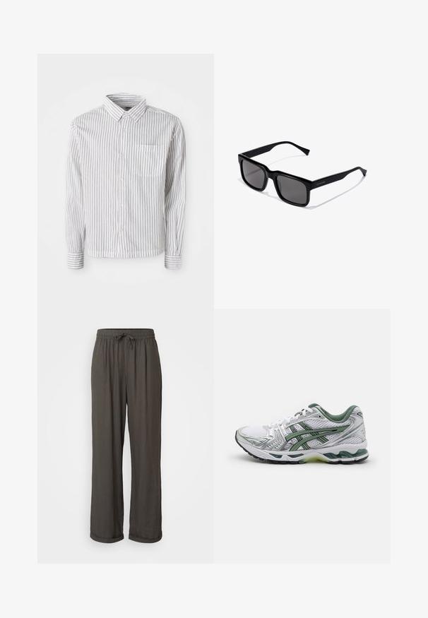 Bela srajca z dolgimi rokavi in črnimi vertikalnimi črtami, z gumbi spredaj in žepom na levem prsnem delu, položena na belo ozadje.; Temno siva široka hlače z elastičnim pasom, izdelane iz mehke, strukturirane tkanine, z zavihanimi manšetami na gležnjih.; Bele teniške za tek v beli barvi z srebrnimi detajli, zelenim mrežastim ovratnikom in zelenimi črtami. Imajo teksturirano mrežasto zgornji del in oblazinjeno podplat.; Črne pravokotne sončne očala s temnimi lečami; lesketajoč plastičen okvir s ravnimi nosilci in subtilnim logotipom na strani.; Srebrna ura iz nerjavečega jekla z okroglo belo številčnico, črnim taksimetrskim obročem, zelenimi poudarki in paščkom iz kovinskih povezav.