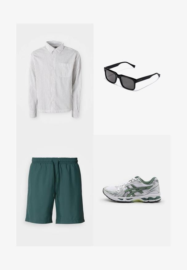 Valkoinen pitkähihaine nappikauluspaita, jossa on mustia pystysuoria viivoja ja vasemmalla puolella rintatasku, aseteltuna tasaiseksi valkoiselle taustalle.; Vihreät, kevyet shortsit, joissa on joustava vyötärö ja nyöri, ominaisuutena sileä rakenne ja sivutaskut kätevyyden vuoksi.; Valkoinen juoksukenkä hopeisilla yksityiskohdilla, vihreällä verkkokollarella ja vihreillä raidoilla. Varustettu teksturoidulla verkko-yläosalla ja pehmustetulla pohjalla.; Mustat suorakulmaiset aurinkolasit tummilla linsseillä; kiiltävä muovinen runko suoraselkäisillä varsilla ja hienovarainen logotieto sivussa.; Hopeinen ruostumaton teräksinen kello, jossa on pyöreä valkoinen kellotaulu, musta takymetrinen kehys, vihreät yksityiskohdat ja metallinen linkkipanta.