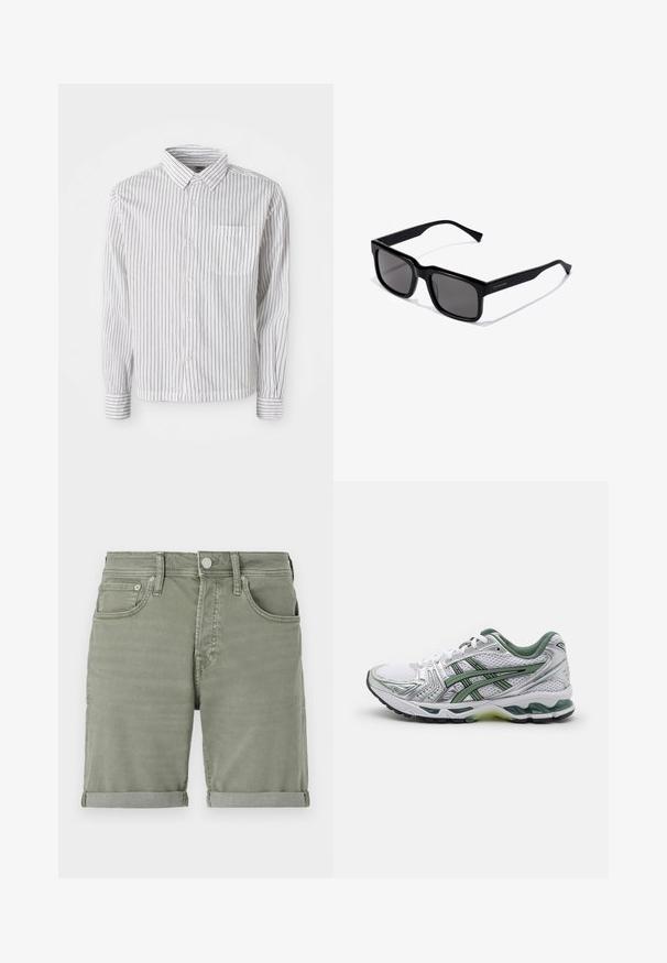 Weißes Langarm-Hemd mit Knopfleiste und schwarzen vertikalen Streifen sowie einer Brusttasche auf der linken Seite, flach auf einem weißen Hintergrund ausgelegt.; Grüne Jeansshorts mit umgeschlagenem Saum, vorderen Taschen, Knopfverschluss und einem leichten Verblassen für einen lässigen Look.; Weißer Sportschuh mit silbernen Akzenten, grünem Mesh-Kragen und grünen Streifen. Verfügt über ein strukturiertes Mesh-Obermaterial und eine gepolsterte Sohle.; Schwarze rechteckige Sonnenbrille mit dunklen Gläsern; glänzendes Kunststoffgestell mit geraden Bügeln und subtilen Logodetails an der Seite.