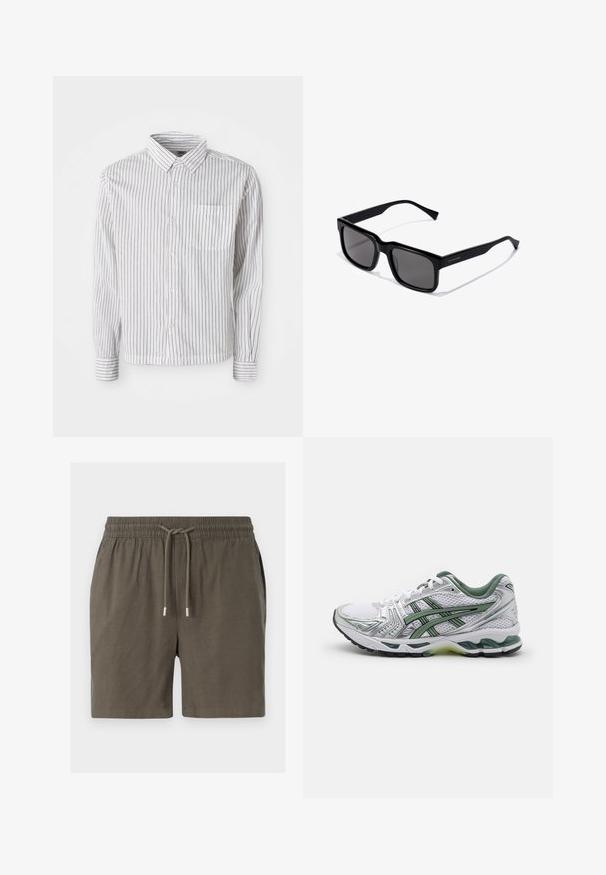 Biela košeľa s dlhým rukávom a čiernymi vertikálnymi pruhmi, s vreckom na ľavej strane hrudníka, položená na bielom pozadí.; Tmavozelené šortky s elastickým pásom, stiahnutím na šnúrku a hladkou, ľahkou textúrou. Žiadne viditeľné vrecká ani vzory.; Biele bežecké topánky so striebornými akcentmi, zeleným sieťovinovým golierom a zelenými pruhmi. Majú textúrovaný sieťovinový zvršok a polstrovanú podrážku.; Čierne obdĺžnikové slnečné okuliare s tmavými šošovkami; lesklý plastový rám so rovnými stranami a nenápadným logom na boku.; Strieborné hodinky z nehrdzavejúcej ocele s okrúhlym bielym ciferníkom, čiernym tachymetrickým rádiom, zelenými akcentmi a kovovým náramkom.