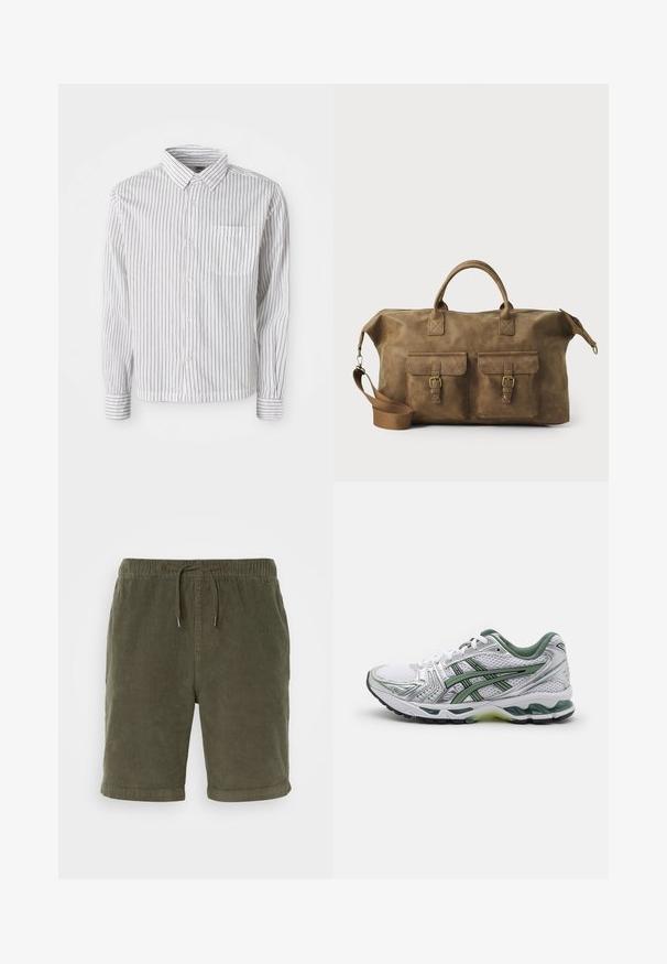 Balta ilgomis rankovėmis marškiniai su juodomis vertikaliomis juostelėmis ir kairėje krūtinės pusėje kišene, išdėstyti ant balto fono.; Alyvuogių žalios spalvos kordūrų šortai su elastine juosta, reguliuojamu raišteliu ir sukryžiuotais rankovėmis. Textūruota medžiaga su minkštu paviršiumi.; Baltos bėgimo bateliai su sidabriniais akcentais, žaliu tinklinio apvadu ir žaliomis juostelėmis. Savybėmis pasižymi tekstūruotas tinklinis viršus ir paminkštintas padas.; Rudos odos kelioninis krepšys su dviem priekinių kišenių, reguliuojama petneša, auksinėmis detalėmis ir tvirtais viršiniais rankenomis. Lygus paviršius.