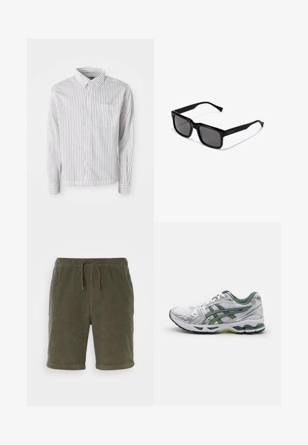 Valkoinen pitkähihaine nappikauluspaita, jossa on mustia pystysuoria viivoja ja vasemmalla puolella rintatasku, aseteltuna tasaiseksi valkoiselle taustalle.; Oliivivihreät samettishortsit, joissa on joustava vyötärö, säädettävä nyöritys ja käännetyt lahkeet. Rakennekangas, jossa on pehmeä pinta.; Valkoinen juoksukenkä hopeisilla yksityiskohdilla, vihreällä verkkokollarella ja vihreillä raidoilla. Varustettu teksturoidulla verkko-yläosalla ja pehmustetulla pohjalla.; Mustat suorakulmaiset aurinkolasit tummilla linsseillä; kiiltävä muovinen runko suoraselkäisillä varsilla ja hienovarainen logotieto sivussa.; Hopeinen ruostumaton teräksinen kello, jossa on pyöreä valkoinen kellotaulu, musta takymetrinen kehys, vihreät yksityiskohdat ja metallinen linkkipanta.