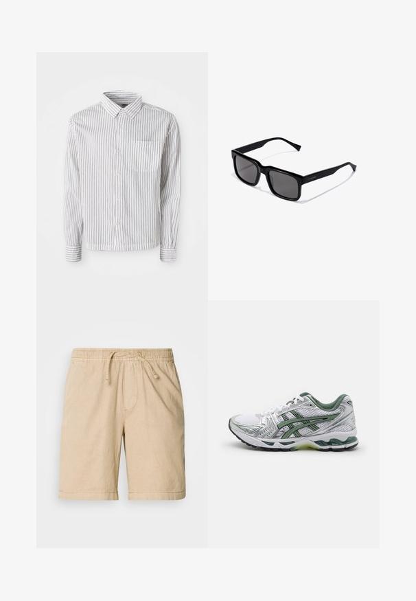 Chemise blanche à manches longues avec des rayures verticales noires et une poche sur la poitrine gauche, posée à plat sur un fond blanc.; Shorts en coton beige avec une taille élastique, un cordon de serrage, des poches latérales et une coupe décontractée. Texture lisse et longueur au genou.; Baskets de course blanches avec des accents argentés, col en maille verte et rayures vertes. Elles présentent un supérieur en maille texturée et une semelle rembourrée.; Lunettes de soleil noires rectangulaires avec des verres foncés ; monture en plastique brillant avec des branches droites et un logo discret sur le côté.; Montre en acier inoxydable argenté avec un cadran rond blanc, lunette tachymétrique noire, accents verts et bracelet en maillons métalliques.