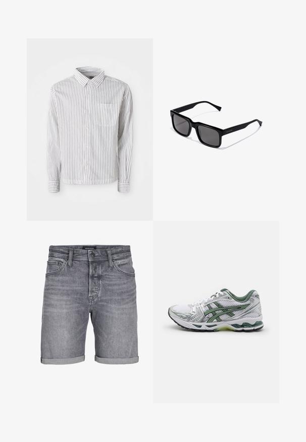 Fehér, hosszú ujjú gombos ing fekete függőleges csíkokkal és egy bal oldali mellzsebbel, síkban elhelyezve egy fehér háttéren.; Szürke farmernadrág rövidnadrág, enyhén kopott megjelenéssel, felgörgetett szegéllyel, öt zsebes dizájnnal és gombos záródással. Címke: JACK & JONES.; Fehér futócipő ezüst kiegészítőkkel, zöld hálós gallérral és zöld csíkokkal. Jellemzője a texturált hálós felsőrész és a párnázott talp.; Fekete téglalap alakú napszemüveg sötét lencsékkel; fényes műanyag keret egyenes szárakkal és diszkrét logóval az oldalon.