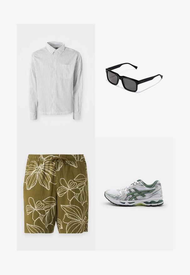 Biela košeľa s dlhým rukávom a čiernymi vertikálnymi pruhmi, s vreckom na ľavej strane hrudníka, položená na bielom pozadí.; Olivové ľanové kraťasy s bielou kvetinovou výšivkou, s elastickým pásom a šnúrkou pre nastaviteľné prispôsobenie.; Biele bežecké topánky so striebornými akcentmi, zeleným sieťovinovým golierom a zelenými pruhmi. Majú textúrovaný sieťovinový zvršok a polstrovanú podrážku.; Čierne obdĺžnikové slnečné okuliare s tmavými šošovkami; lesklý plastový rám so rovnými stranami a nenápadným logom na boku.; Strieborné hodinky z nehrdzavejúcej ocele s okrúhlym bielym ciferníkom, čiernym tachymetrickým rádiom, zelenými akcentmi a kovovým náramkom.