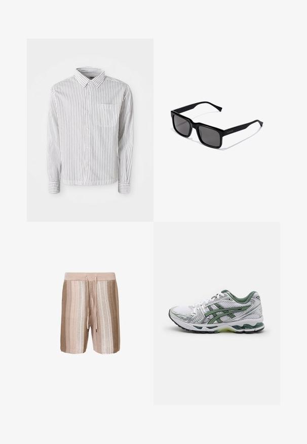 White long-sleeve button-up shirt with black vertical stripes and a left chest pocket, laid flat on a white background.; Beige knitted swim shorts featuring horizontal stripes in lighter shades, elastic waistband with drawstring, and textured fabric.; White running shoe with silver accents, green mesh collar, and green stripes. Features textured mesh upper and cushioned sole.; Black rectangular sunglasses with dark lenses; glossy plastic frame with straight temples and subtle logo detail on the side.