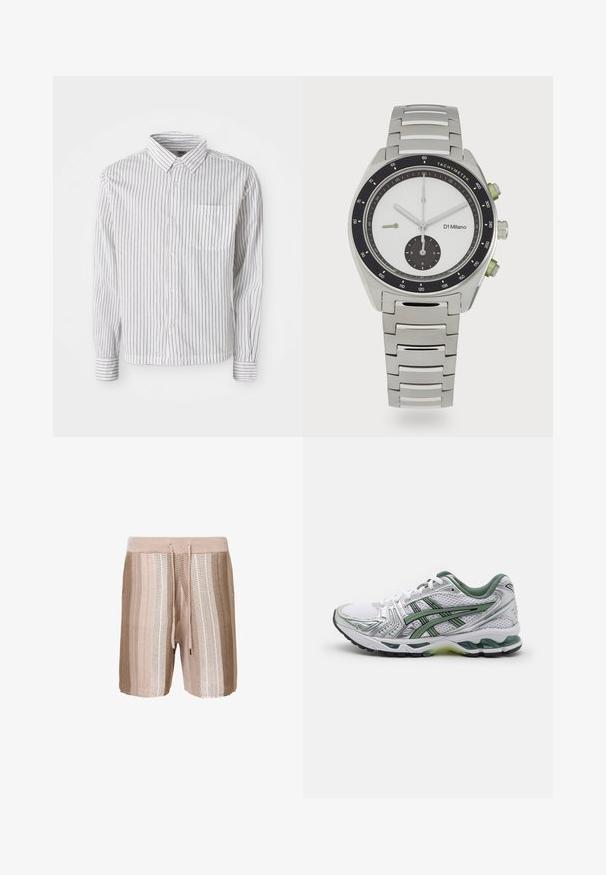 Hvid langærmet skjorte med knapper og sorte lodrette striber samt en lomme på venstre bryst, lagt fladt på en hvid baggrund.; Beige strikkede badshorts med horisontale striber i lysere nuancer, elastisk talje med snor og struktureret stof.; Hvid løbesko med sølvdetaljer, grøn meshkrave og grønne striber. Har et struktureret mesh-øvre og polstret sål.; Sølv rustfrit stål ur med en rund hvid urskive, sort tachymeter bezel, grønne detaljer og et metalrem.