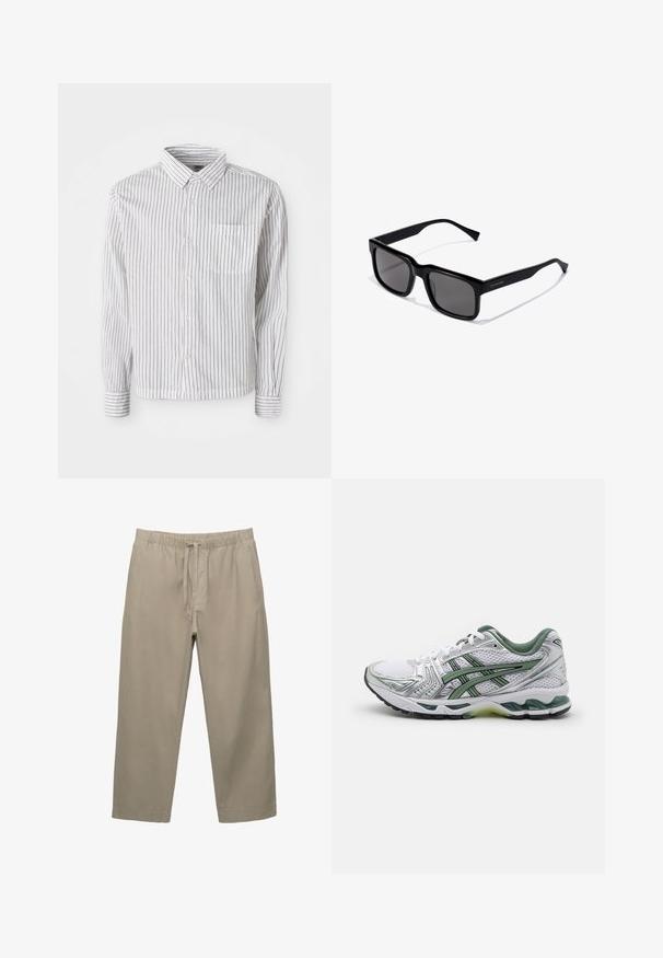 Bijela košulja dugih rukava s dugmadi, s crnim okomitim prugama i lijevim džepom na prsima, položena ravno na bijeloj pozadini.; Bež pamuk hlače s elastičnim pojasom i podesivom špagom. Ravnog kroja s bočnim džepovima i glatkom teksturom.; Bijela trkačka cipela s srebrnim detaljima, zelenim mrežastim ovratnikom i zelenim prugama. Ima teksturirani mrežasti gornji dio i podstavljeni potplat.; Crne pravokutne naočale s tamnim lećama; okvir od sjajnog plastike s ravnim naramnicama i suptilnim detaljem logotipa sa strane.; Srebrni sat od nehrđajućeg čelika s okruglim bijelim brojčanikom, crnim taksimetarskim okvirom, zelenim akcentima i metalnom narukvicom.