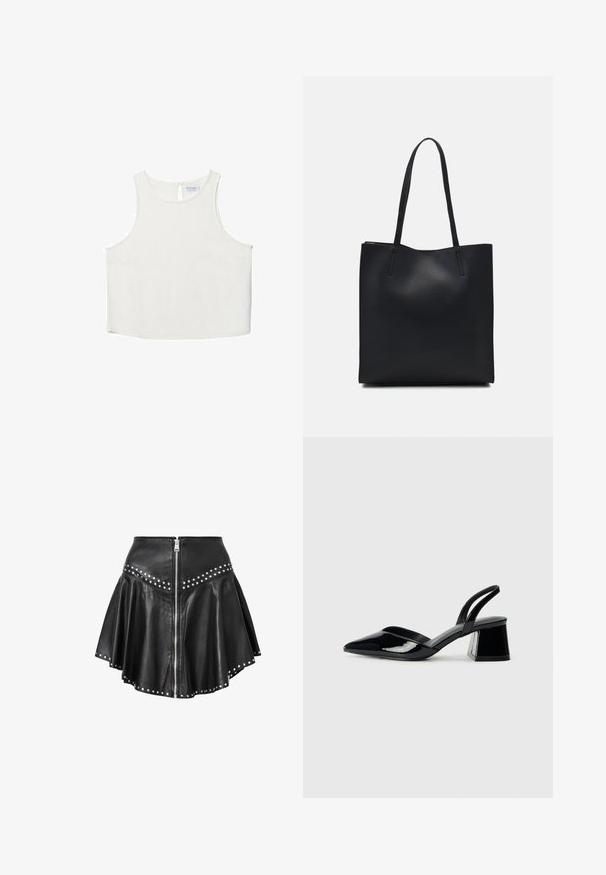 Valkoinen hihaton paita, jossa on pyöreä pääntie, hienovarainen tekstuuri, avaustakki ja suora helma.; Musta nahkainen minihelma, jossa on levenevä muotoilu, hopeiset niitit helman ja vyötärön ympärillä sekä etuvetoketju. Sujuva pinnan rakenne.; Mustat patentoitu nahkakengät, joissa on säären takaosa ja terävä kärki, sekä geometrinen palikkakorko. Sisältää tyylikkään, minimalistisen muotoilun ja sileän pinnan.; Mustapahkainen kangaskassi, jossa on sileä pinta, suorakaiteen muotoinen ja kaksi pitkää kahvaa. Ei näkyvää metalliosaa tai koristeita.