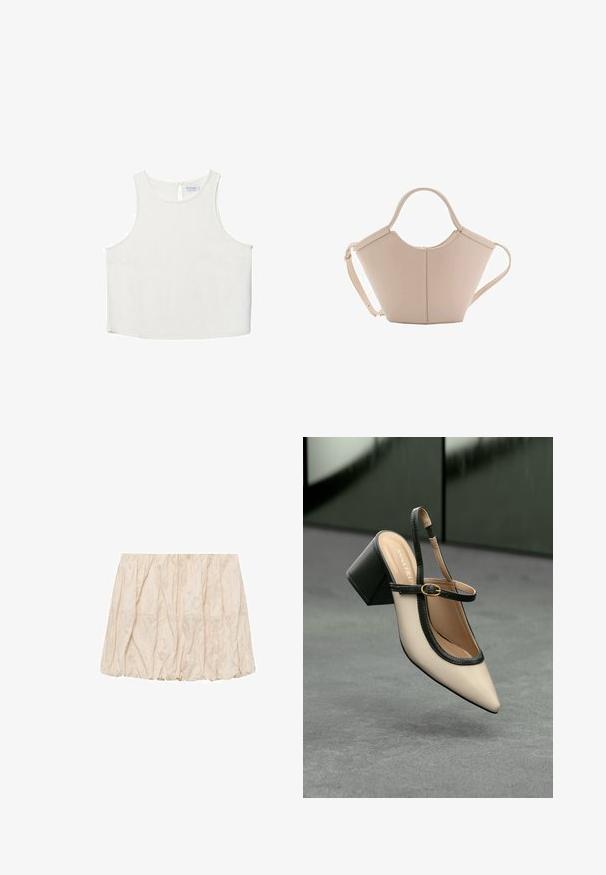 Vit ärmlös topp med rundad halsringning, featuring en subtil textur, detalj med nyckelhål i ryggen och rak nederkant.; Ljust beige samlad kjol med elastisk midja, med mjukt, texturerat tyg och en avslappnad, puffad silhuett. Inga synliga mönster eller detaljer.; Beige slingback-sko med hög klack, spetsig tå, svart kant och spänndetalj. Slätt material med matt finish, medelhög klossklack.; Beige läderhandväska med en unik form, med två korta handtag och ett långt justerbart axelband. Slät textur med minimal hårdvara.