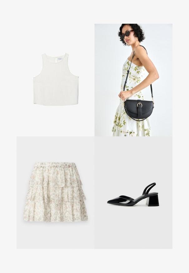 Bijela bezrukavna majica s okruglim izrezom, koja ima suptilnu teksturu, detalj u obliku ključa na leđima i ravni rub.; Bijela suknja s višeslojnim, naboranim dizajnom. Ima delikatan cvjetni uzorak u ružičastoj i zelenoj boji. Elastična linija struka za udobnost.; Crne lakirane kožne sandale s otvorenom petom i špicastim vrhom, s geometrijskom blok petom. Imaju elegantan, minimalistički dizajn i glatku teksturu.; Crna kožna torba s lukovitim oblikom, odvojivim remenom i zlatnim detaljima. Torba ima preklop s kopčom.