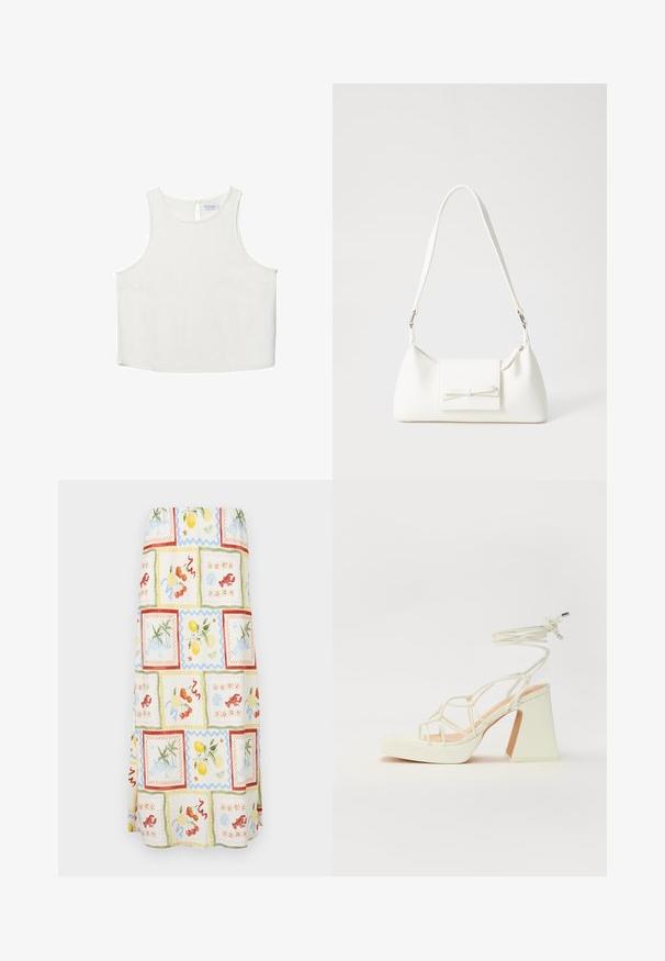 Biele bezrukávové tričko s okrúhlym výstrihom, ktoré má jemnú textúru, detail s kľúčovou dierkou na chrbte a rovný lem.; Maxi sukňa vyrobená z ľahkej tkaniny s jasným multivzorom, vrátane ovocia a pobrežných scenérií v pastelových farbách a textúrovaných akcentoch.; Biele sandále na vysokom opätku s hrubým podpätkom, s pruhovaným dizajnom a viazaním na členku. Hladký povrch s platformou vpredu pre zvýšenú výšku.; Biela syntetická kabelka s trojuholníkovým tvarom, plochým predným klapkou a detailom mašle, nastaviteľným popruhom, hladkou textúrou a minimalistickým dizajnom.