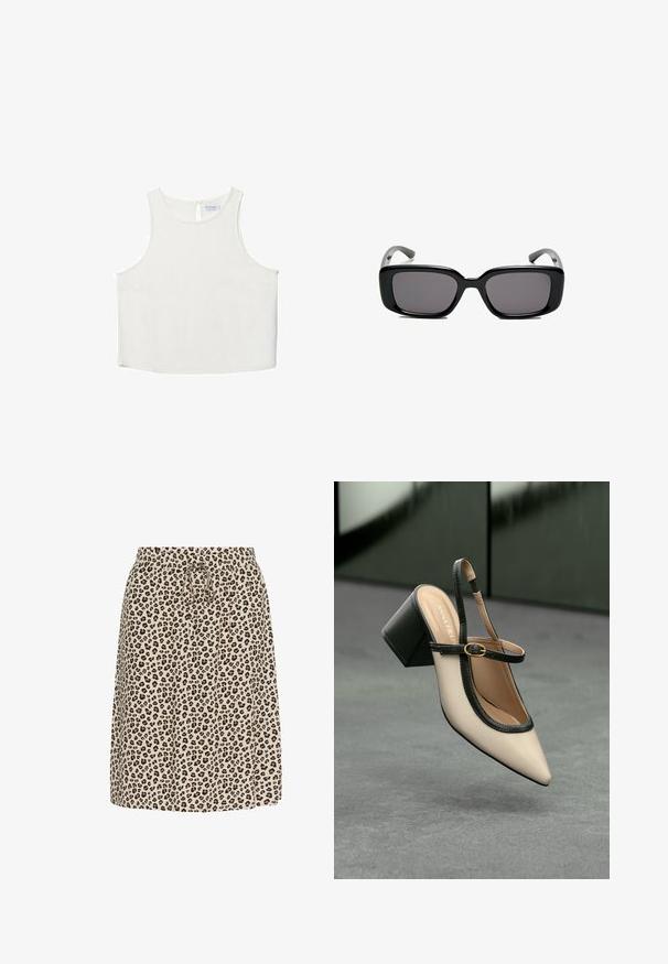 Biała bezrękawnik z okrągłym dekoltem, z delikatną teksturą, z tylnym wycięciem w kształcie klucza oraz prostym wykończeniem dołu.; Beżowa spódnica w panterkę, z elastycznym pasem i wiązaniem na sznurki. Wykonana z lekkiego materiału o miękkiej fakturze.; Beżowe buty typu slingback z ostrym noskiem, czarnym wykończeniem, złotą klamrą i grubym obcasem na szarym podłożu z ciemnozielonym tłem.; Czarne prostokątne okulary przeciwsłoneczne z ciemnymi soczewkami, gładką plastikową ramką i wygiętymi zausznikami. Projekt jest masywny, o minimalistycznej estetyce.