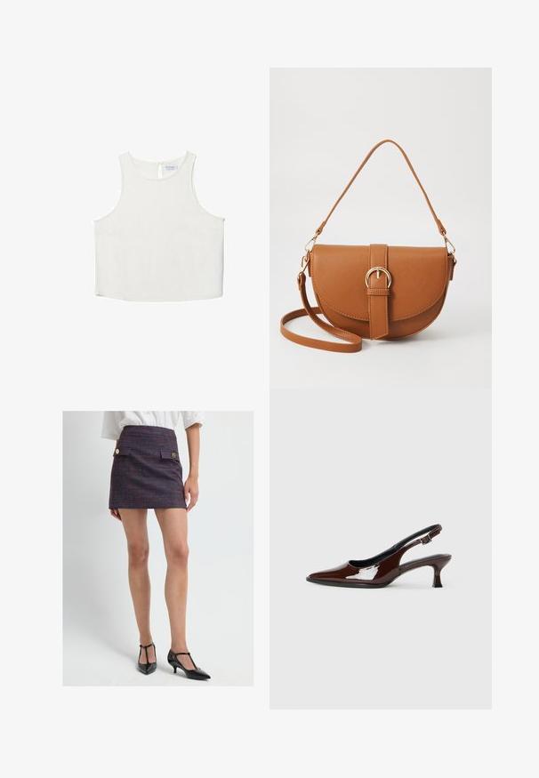 Bílý bezrukávový top s kulatým výstřihem, který má jemnou texturu, detaily v oblasti zad ve tvaru klíčové dírky a rovný lem.; Žena oblečená v námořnickém a červeném kostkovaném mini sukně se zlatými knoflíky, bílém topu a černých T-páskových špičatých podpatcích stojící na bílém pozadí.; Hnědé lakované kožené slingback boty s špičatou špičkou a mírným podpatkem. Disponují přezkou pro bezpečné upevnění. Hladký povrch.; Hnědá kožená křížová taška s zakřiveným tvarem, zlatými detaily a akcentem s přezkou. Obsahuje odnímatelný popruh na rameno.