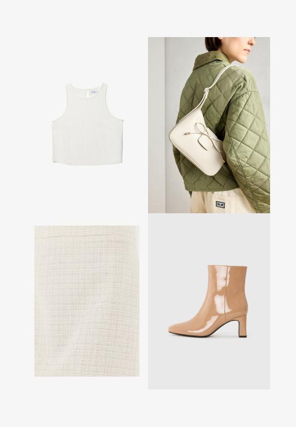 Valkoinen hihaton paita, jossa on pyöreä pääntie, hienovarainen tekstuuri, avaustakki ja suora helma.; Lähedalt vaadates kreemjas tooni kootud kangast, millel on nüansiline ruudumuster ja tekstuurilised niidid.; Nude patentoimiset nilkkurit, joissa on terävä kärki, kiiltävä pinta ja keskipitkä lohkarekenkä. Silkkinen pinta ja virtaviivainen siluetti.; Beige nahka-olkalaukku, jossa on nauhakiinnitys, kultaiset yksityiskohdat ja yksi säädettävä hihna, joka on puettu vihreän tikatun takin päälle.
