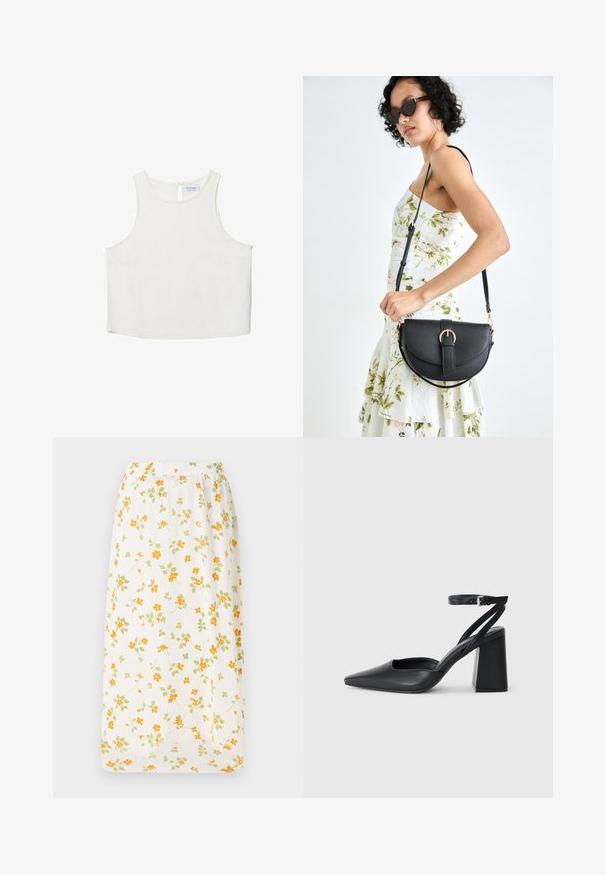 Top bianco senza maniche con scollo rotondo, caratterizzato da una sottile trama, dettaglio a rombo sul retro e orlo dritto.; Gonna lunga floreale in tessuto leggero, base bianca con fiori arancioni e verdi sparsi, vita elastica, design fluido.; Pump in pelle nera con punta affusolata, cinturino alla caviglia e tacco spesso. Texture piatta, design elegante ed estetica minimalista.; Borsa a tracolla nera in pelle con una forma curva, manico rimovibile e accessori dorati. La borsa presenta una patta con un dettaglio a fibbia.