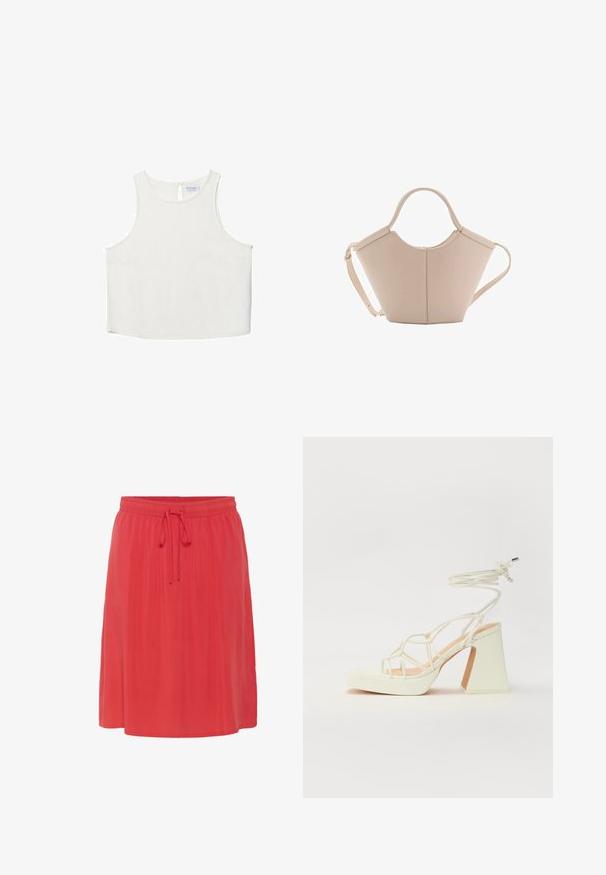 Bijela bezrukavna majica s okruglim izrezom, koja ima suptilnu teksturu, detalj u obliku ključa na leđima i ravni rub.; Suknja do koljena u boji koralja s mekim, lepršavim teksturom. Ima elastičnu trakicu u struku s kabelom za prilagodljivu veličinu.; Bijela sandala na visokoj potpetici s debelim petom, s remenom i vezanjem oko gležnja. Glatka tekstura s platformom sprijeda za dodatnu visinu.; Bež kožna torba jedinstvenog oblika, s dva kratka ručka i dugom podesivom trakom. Glatka tekstura s minimalnim metalnim dodacima.