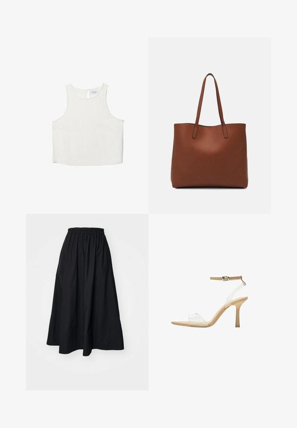 Haut sans manches blanc avec un col rond, présentant une texture subtile, un détail en forme de trou de serrure au dos et un ourlet droit.; Jupe midi noire en coton avec une taille élastique, présentant une silhouette pleine et fluide ainsi qu'une surface texturée subtile. Aucune ornementation visible.; Sandale à talon transparent avec un supérieur transparent, semelle beige et une fine bride de cheville. Dispose d'un bout pointu et d'un fin talon haut.; Sac fourre-tout en cuir marron avec une texture lisse, design à ouverture supérieure et deux poignées pour le porter à l'épaule. Présente des coutures minimales et aucun matériel visible.