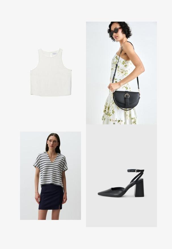 Biała bezrękawnik z okrągłym dekoltem, z delikatną teksturą, z tylnym wycięciem w kształcie klucza oraz prostym wykończeniem dołu.; Pasiasty sweter z dekoltem w kształcie V, z poziomymi niebiesko-kremowymi paskami. W połączeniu z niebieską spódnicą z bocznym rozcięciem.; Czarne skórzane czółenka z ostrym noskiem, z paskiem na kostce i grubym obcasem. Gładka faktura, elegancki design i minimalistyczna estetyka.; Czarna skórzana torebka o zakrzywionym kształcie, z odpinanym paskiem i złotymi akcentami. Torebka posiada klapę z zapięciem w kształcie klamry.