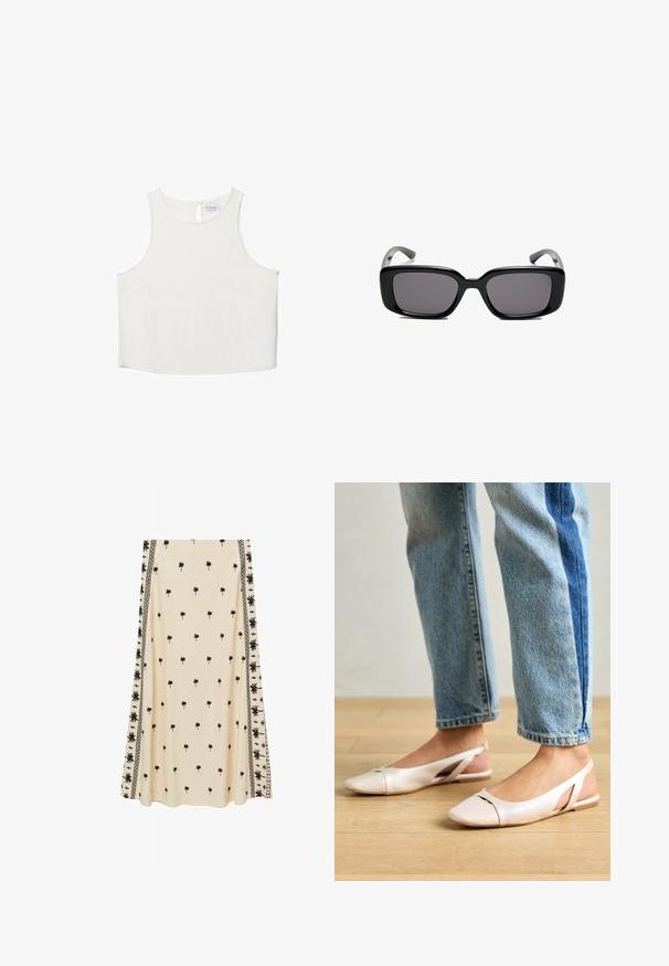 Weißes ärmelloses Oberteil mit rundem Halsausschnitt, das über eine subtile Textur, ein Schlüsselaugen-Rückendetail und einen geraden Saum verfügt.; Cremfarbener Rock mit kleinem schwarzen Palmbaumdruck, der an den Seiten mit detaillierten schwarzen Randmustern versehen ist, aus leichtem Stoff gefertigt.; Blassrosa Slingback-Ballerinas mit spitzem Punkt, aus einem glatten, lederähnlichen Material. Mit Ausschnitten an den Seiten und einem flachen Absatz.; Schwarze rechteckige Sonnenbrille mit dunklen Gläsern, glattem Kunststoffrahmen und gebogenen Bügeln. Das Design ist klobig mit einer minimalistischen Ästhetik.