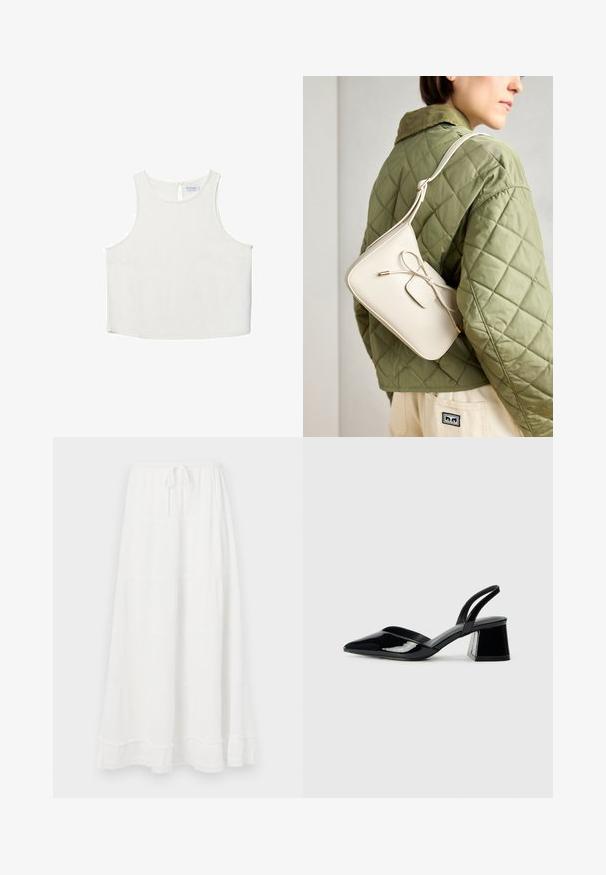 Biele bezrukávové tričko s okrúhlym výstrihom, ktoré má jemnú textúru, detail s kľúčovou dierkou na chrbte a rovný lem.; Biela maxi sukňa v tiered štýle s elastickým pásom a šnúrkou, s textúrovanou tkaninou a čipkovým lemom na spodnej časti.; Čierne lakované kožené sandálové podpätky s špicatou špičkou a geometrickým blokovým podpätkom. Disponujú elegantným, minimalistickým dizajnom a hladkým povrchom.; Bežová kožená crossbody taška s detailom mašle, zlatým kovaním a jedným nastaviteľným popruhom, nosená cez zelenú prešívanú bundu.