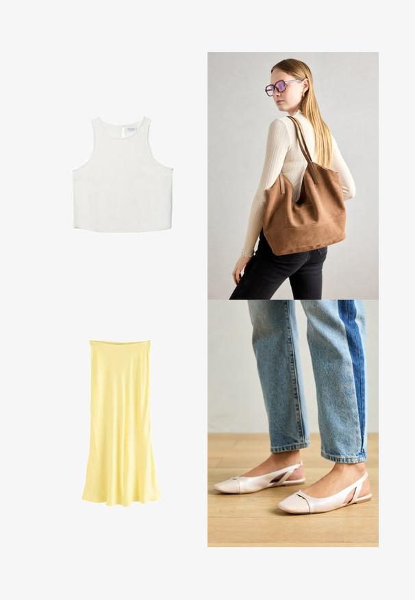 Bílý bezrukávový top s kulatým výstřihem, který má jemnou texturu, detaily v oblasti zad ve tvaru klíčové dírky a rovný lem.; Žluté saténové maxi šaty s volným střihem. Mají nařasený výstřih a hladkou texturu, navrženy pro pohodlné nošení.; Světle růžové slingback baleríny s špičatou špičkou, vyrobené z hladkého koženému materiálu. Obsahují vystřihovací detaily po stranách a plochý podpatek.; Hnědá semišová taška přes rameno se soft-touch texturou, velkým otvorem a dlouhými popruhy. Disponuje jednoduchým designem s viditelným šitím a bez kovových prvků.