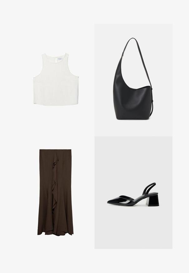 Haut sans manches blanc avec un col rond, présentant une texture subtile, un détail en forme de trou de serrure au dos et un ourlet droit.; Jupe longue marron en tissu doux avec un détail de volant central, présentant un design épuré et simple ainsi qu'une texture lisse.; Escarpins en cuir verni noir avec bout pointu et talon bloc géométrique. Présente un design élégant et minimaliste ainsi qu'une texture lisse.; Sac hobo en cuir noir avec une texture lisse, une forme incurvée et une seule sangle réglable ; dispose d'une large ouverture en haut.